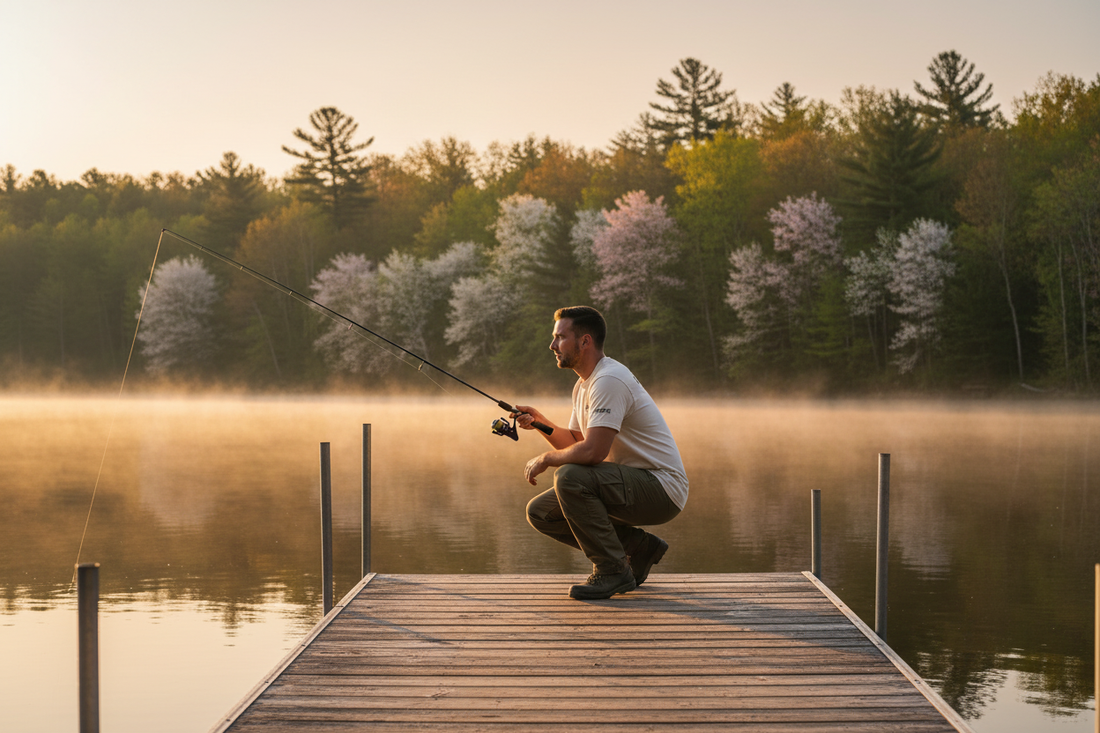 Fisherman in Last Cast Tee casting on a misty spring lake at golden hour